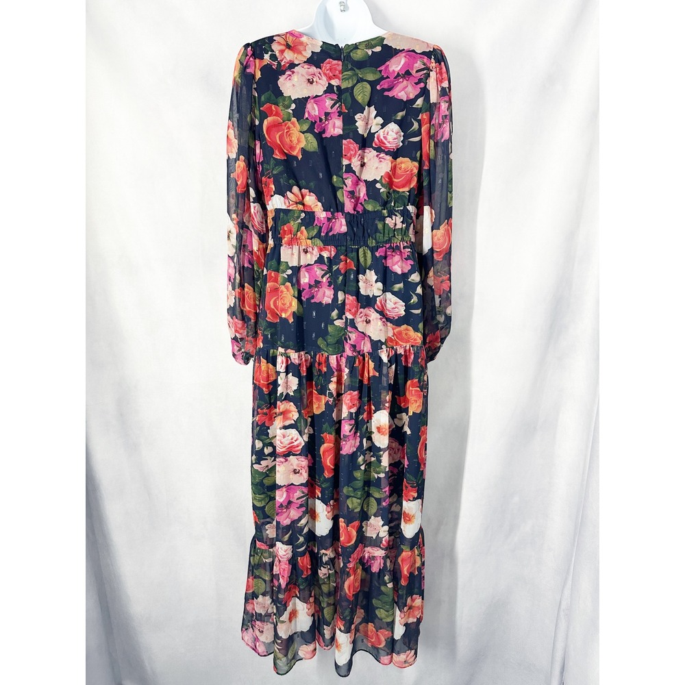 Eliza J Metallic Clip Dot Floral Navy Chiffon Fit Flare Maxi Dress Womens Size 8 - Picture 6 of 14
